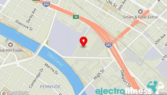 map of 24 Hour Fitness Gym, Fitness center, Indoor cycling, Indoor swimming pool, Personal trainer, Sauna, Training centre, Yoga studio in Oakland
