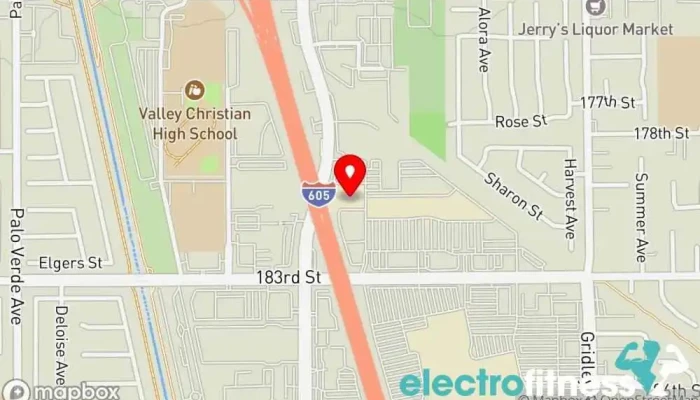 map of 24 Hour Fitness Gym, Fitness center, Indoor cycling, Indoor swimming pool, Personal trainer, Sauna, Training centre, Yoga studio in Cerritos
