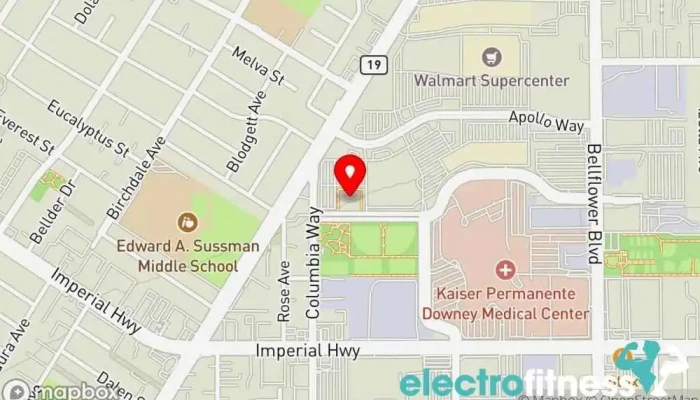 map of 24 Hour Fitness Gym, Fitness center, Indoor cycling, Indoor swimming pool, Personal trainer, Sauna, Training centre, Yoga studio in Downey