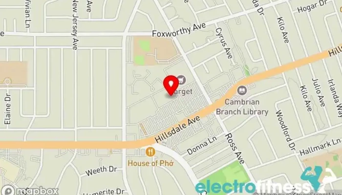map of 24 Hour Fitness Gym, Fitness center, Indoor cycling, Indoor swimming pool, Personal trainer, Sauna, Yoga studio in San Jose
